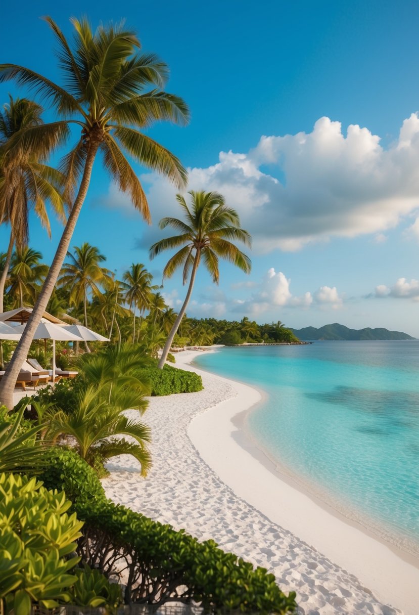 A serene beachfront resort with palm trees, crystal-clear waters, and white sandy beaches, surrounded by lush tropical gardens