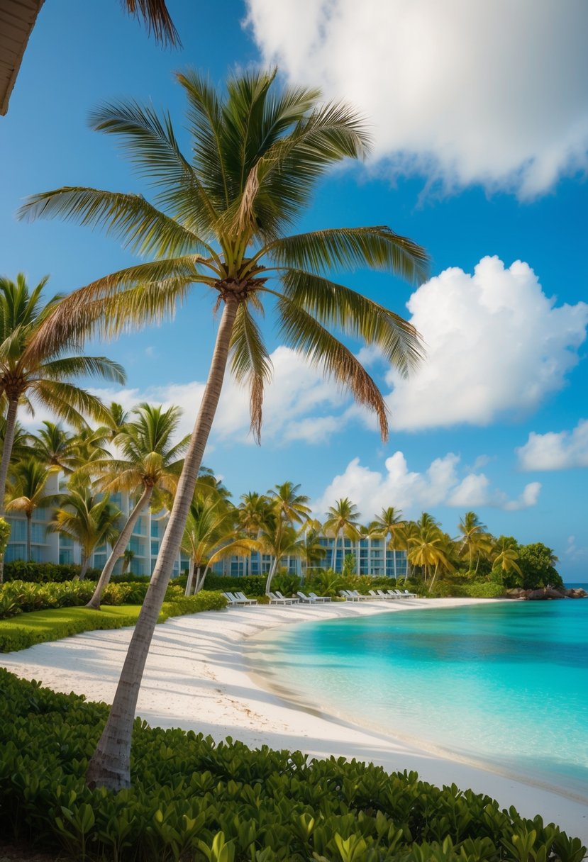 A serene beachfront resort with palm trees, white sand, and crystal-clear turquoise waters, surrounded by lush tropical gardens
