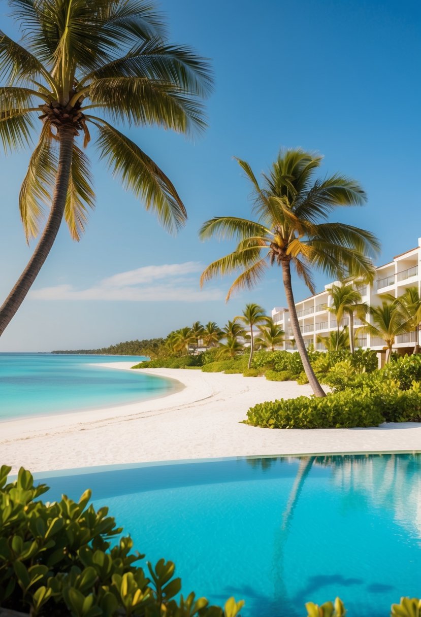 A serene beach resort with palm trees, clear blue waters, and white sandy beaches, surrounded by lush greenery and luxury accommodations