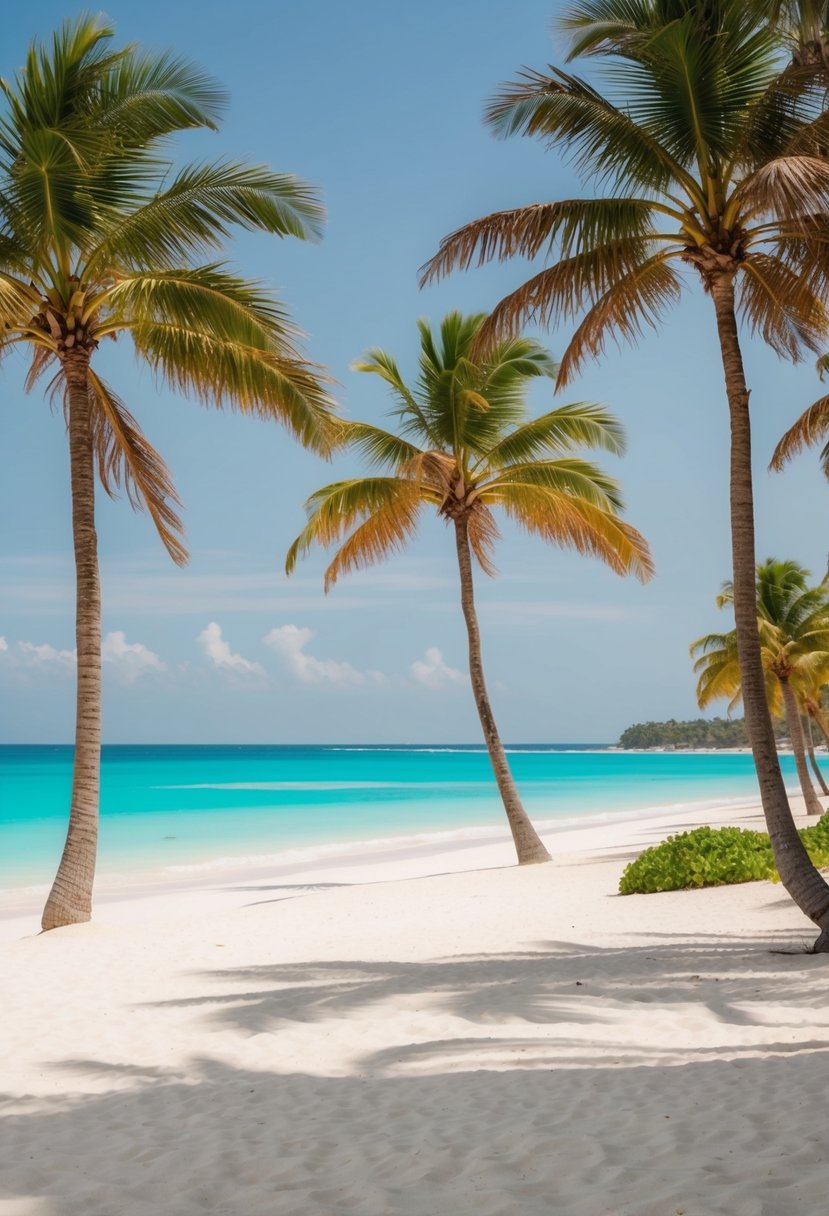 A serene beachfront resort in Zanzibar, with palm trees, white sandy beaches, and crystal-clear turquoise waters stretching out to the horizon