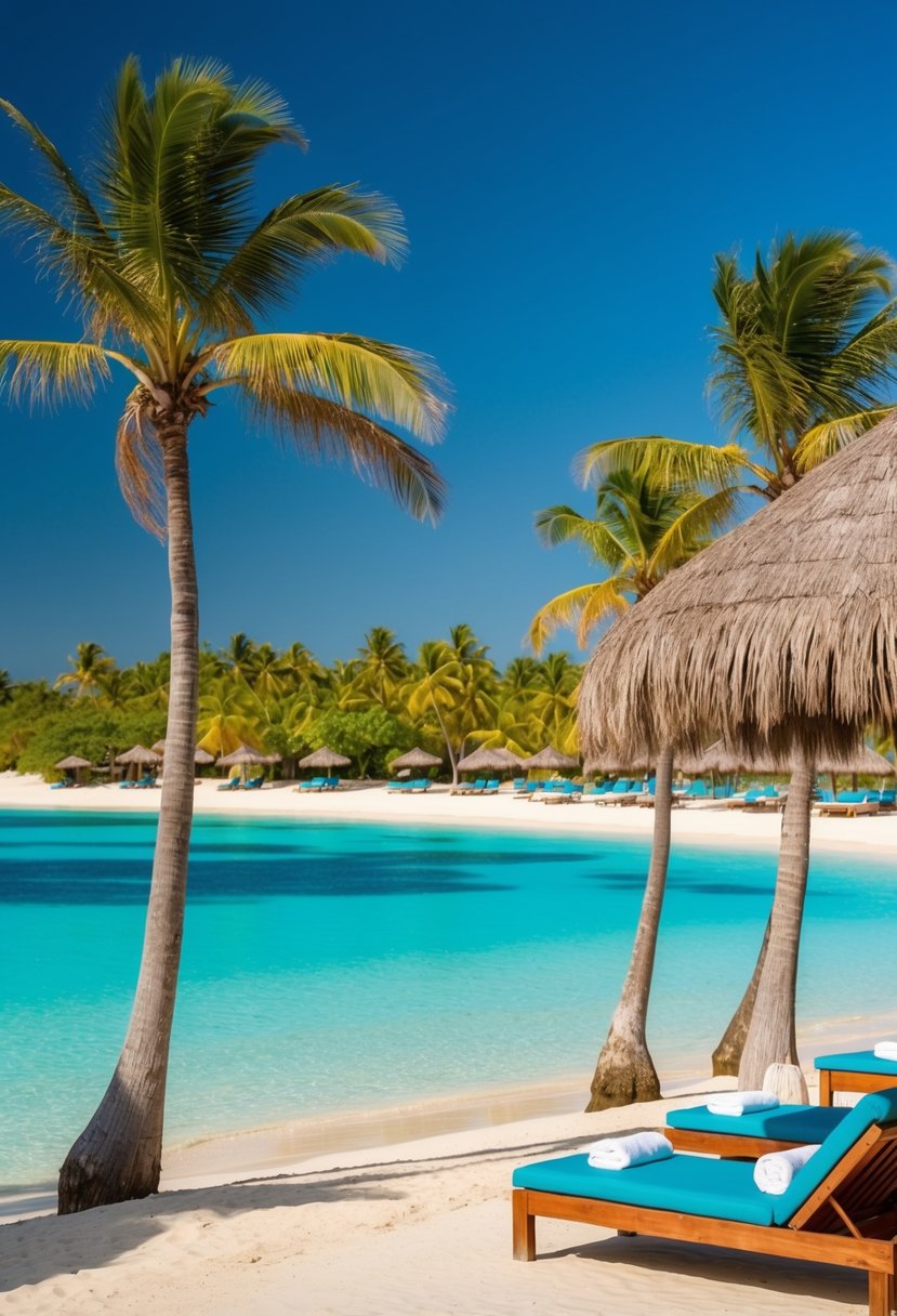 A serene beach resort in Zanzibar, with clear blue waters, palm trees, and luxurious beachfront amenities