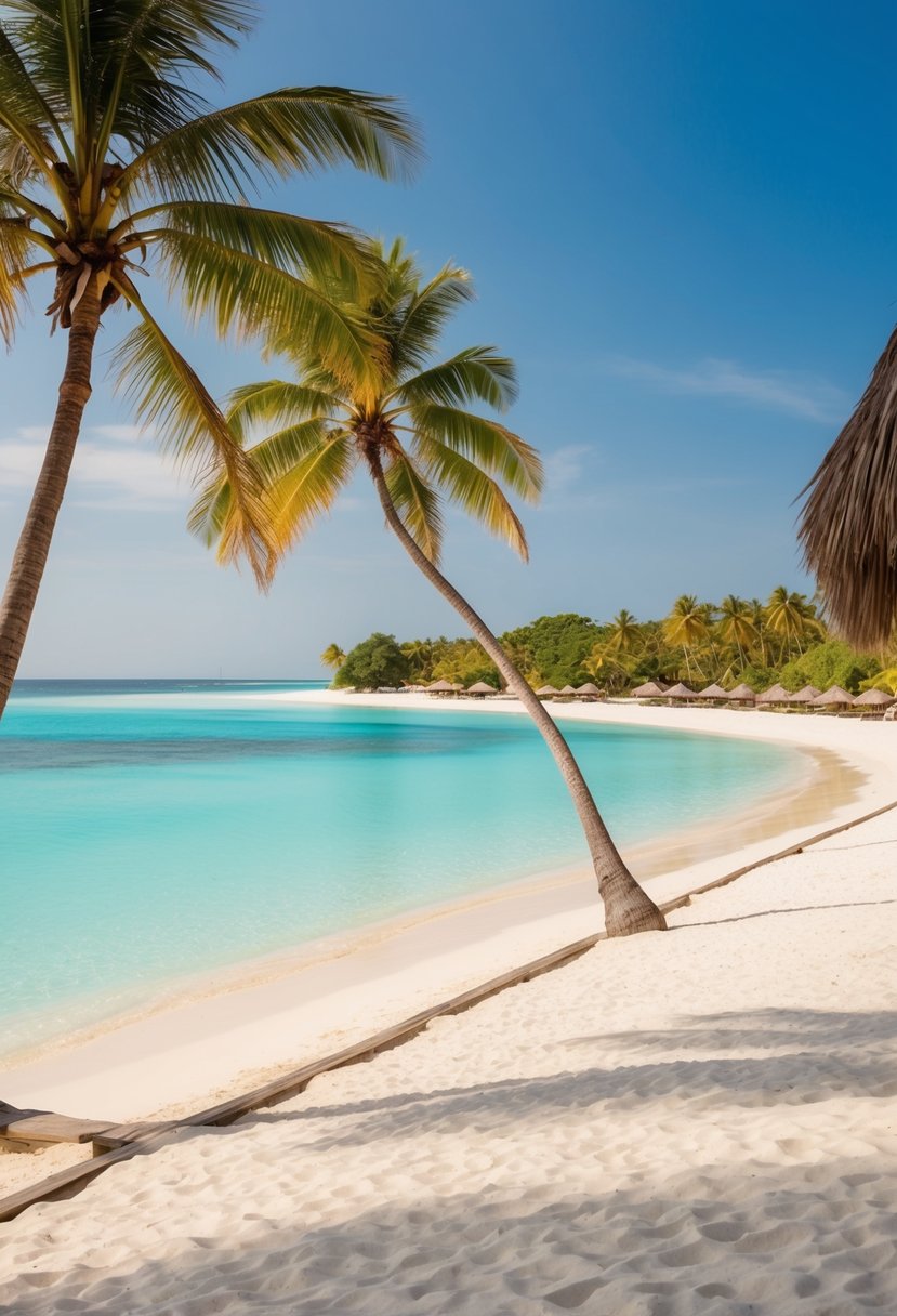 A serene beachfront hotel in Zanzibar, with palm trees swaying in the gentle breeze, crystal clear turquoise waters, and white sandy beaches stretching as far as the eye can see