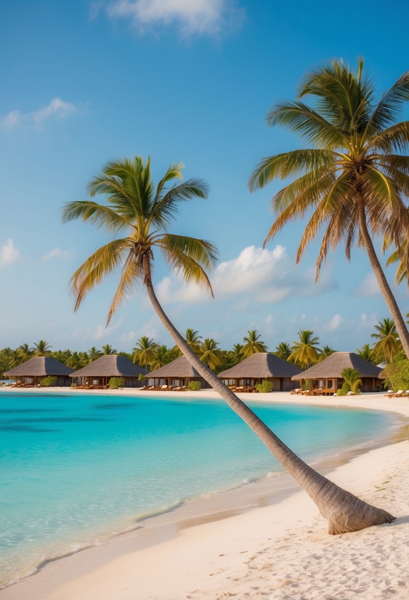 A luxurious beachfront resort in Zanzibar, with palm trees, crystal clear waters, and elegant villas lining the pristine sandy shore