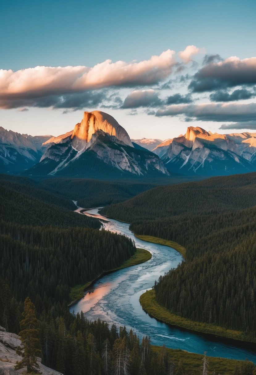 A panoramic view of a vast national park with towering mountains, lush forests, winding rivers, and diverse wildlife