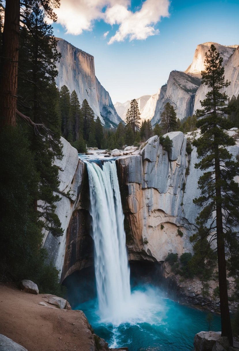 A majestic waterfall cascades down a rocky cliff in Yosemite National Park, surrounded by towering trees and rugged mountains