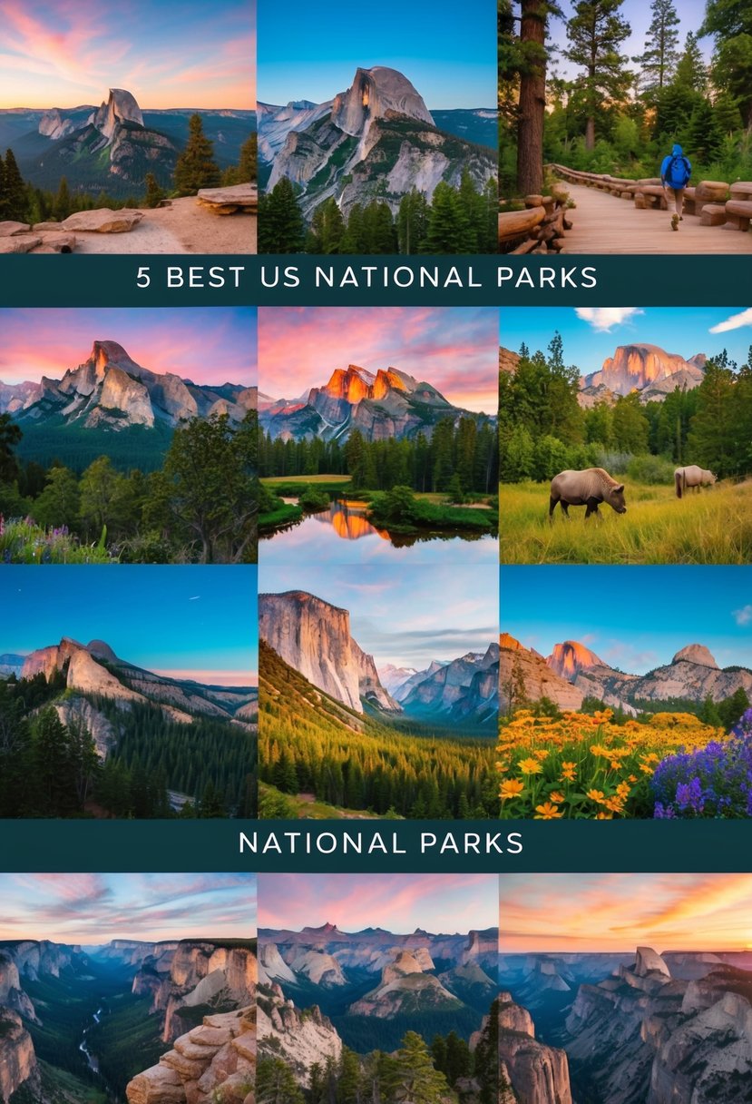 A vibrant landscape with iconic natural features of 5 best US national parks, showcasing diverse terrain and wildlife