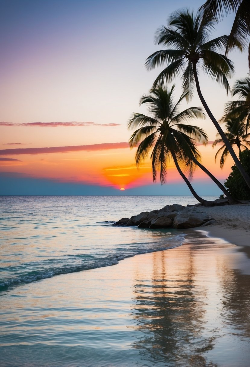A serene beach with crystal clear water, palm trees, and a colorful sunset