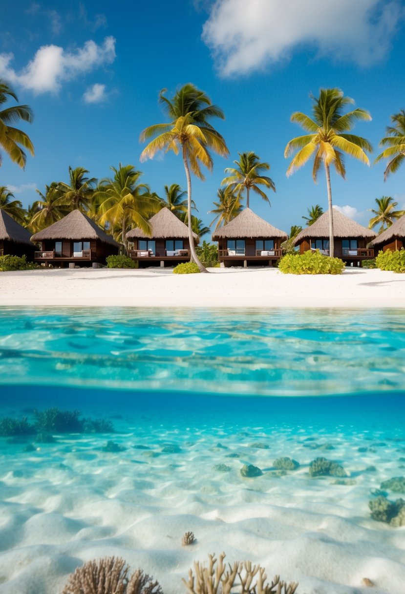 A serene beach with crystal clear turquoise waters, white sandy shores, and overwater bungalows nestled among palm trees. A colorful coral reef can be seen just below the surface