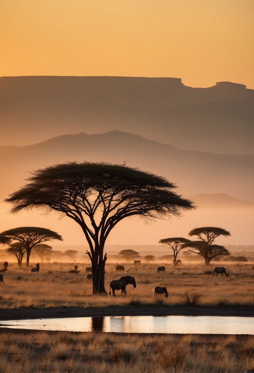 A vast savanna with acacia trees, a watering hole, and distant mountains under a golden sunset in Namibia