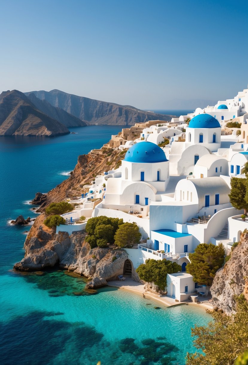 A picturesque Greek island with whitewashed buildings, blue domed churches, and crystal-clear turquoise waters surrounded by rugged cliffs and lush greenery