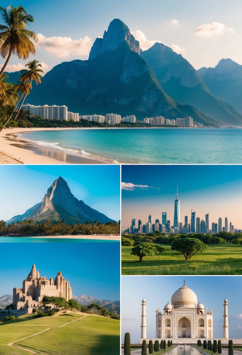 A serene beach with crystal clear waters and palm trees, a majestic mountain peak, a bustling city skyline, a tranquil countryside landscape, and a stunning ancient architectural wonder