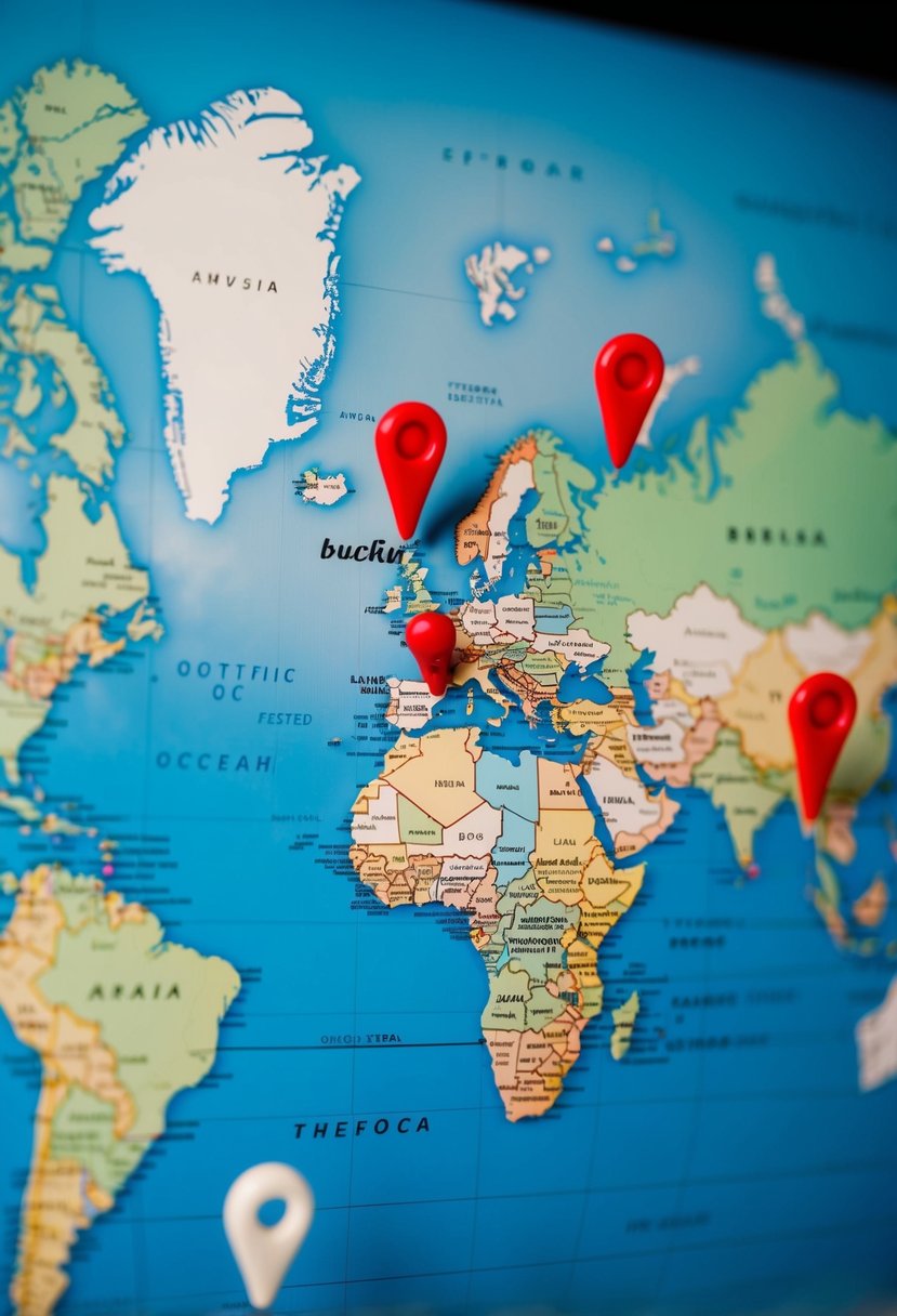 A world map with pins marking 5 bucket list travel destinations