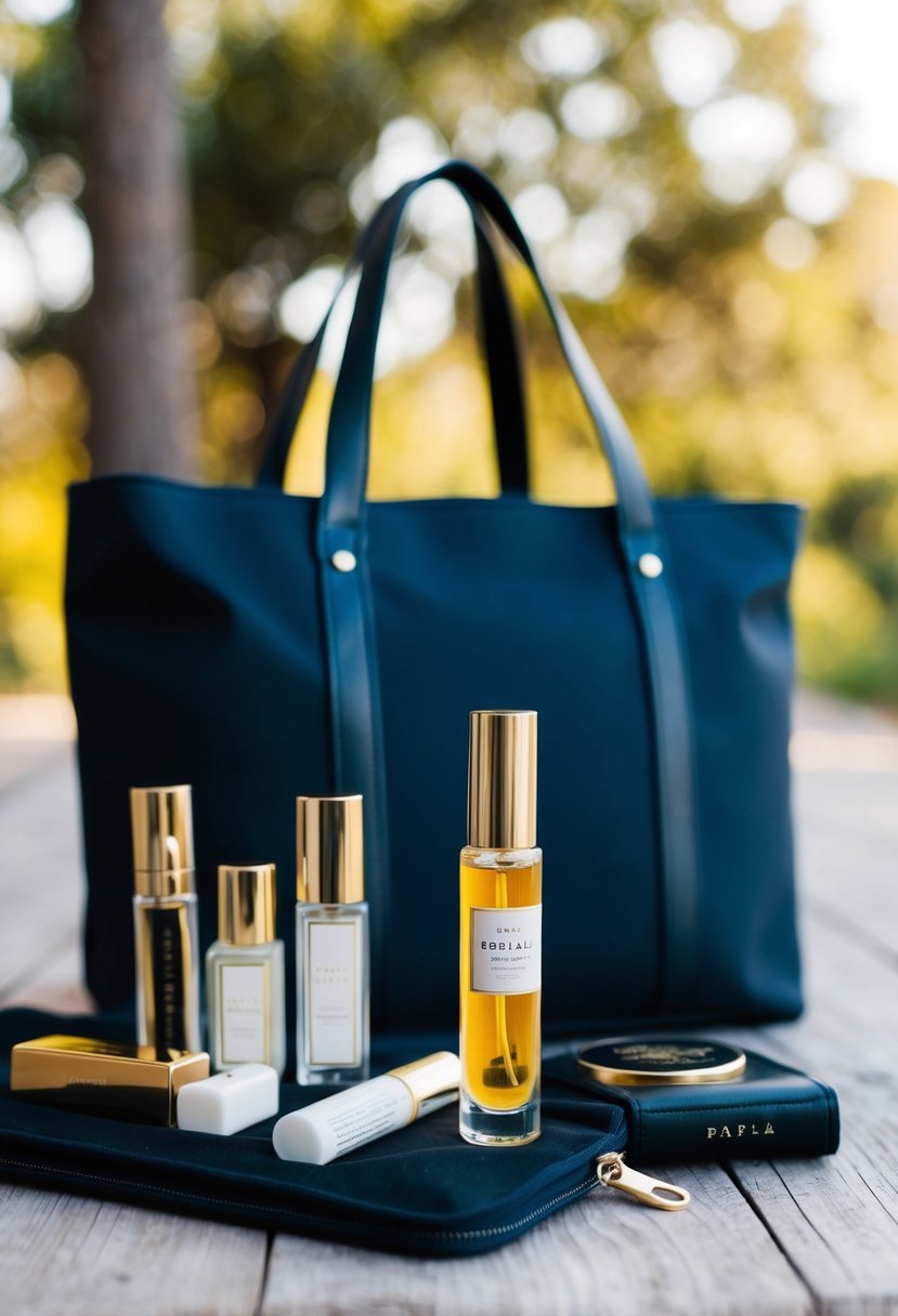 A rollerball perfume sits among 10 essential items in a tote bag, ready for travel
