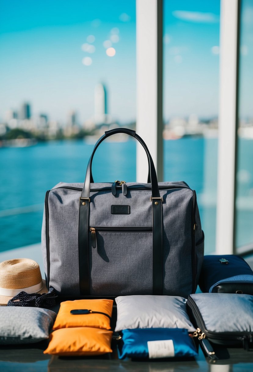 A neatly organized travel tote bag with 10 essential items laid out for packing