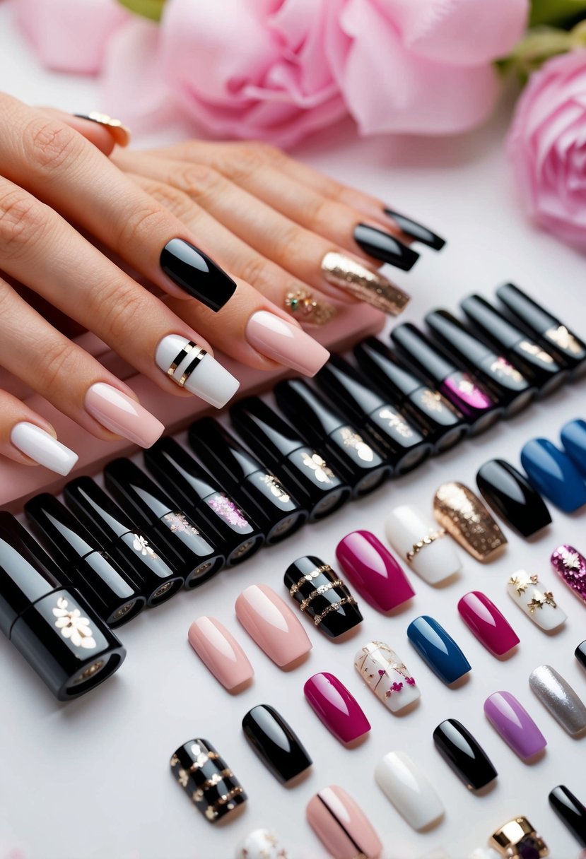A set of 10 travel nails with French tips arranged next to 50 different French tip nail designs for inspiration