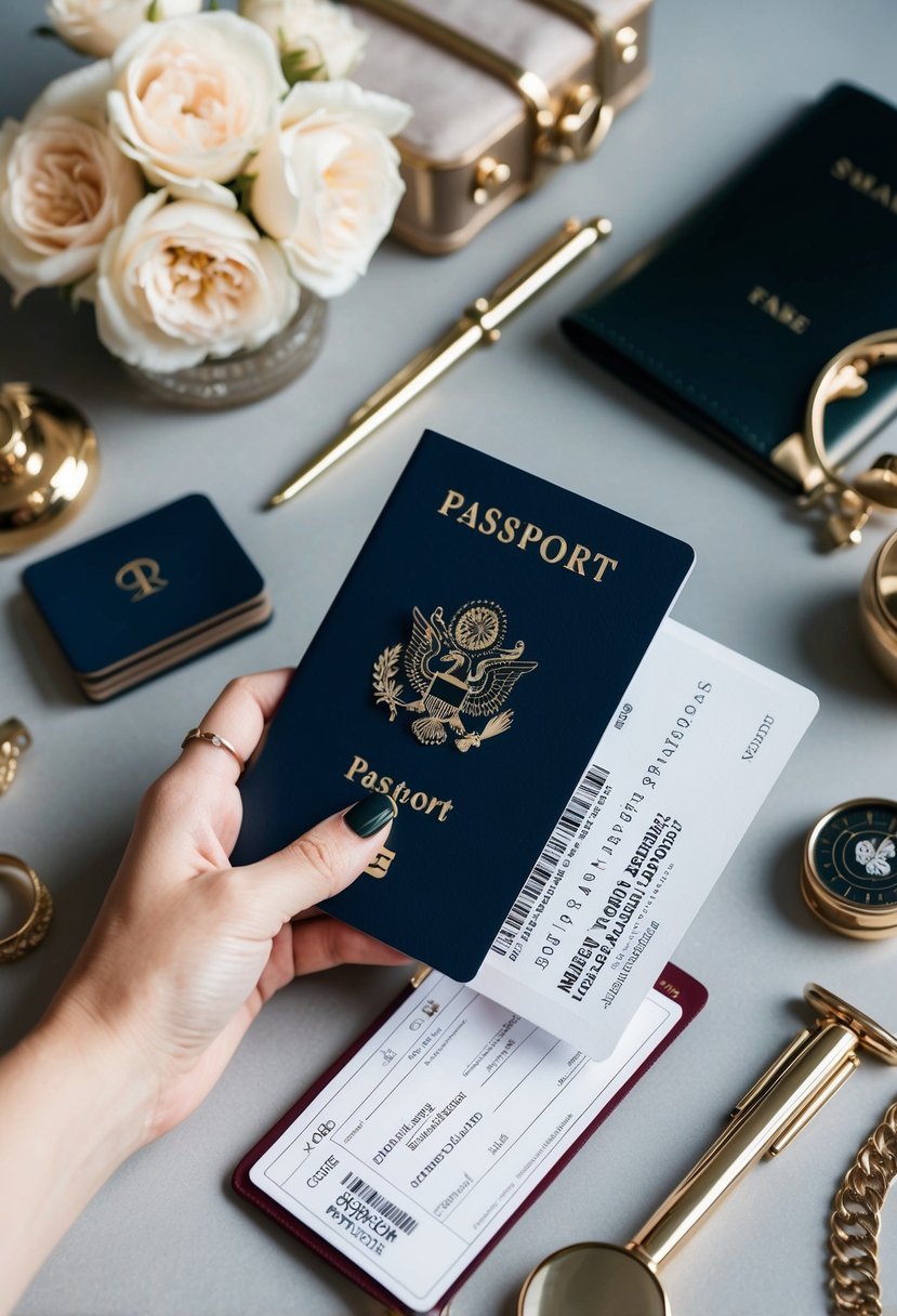 A feminine hand with classic French tips holding a passport and boarding pass, surrounded by elegant travel accessories
