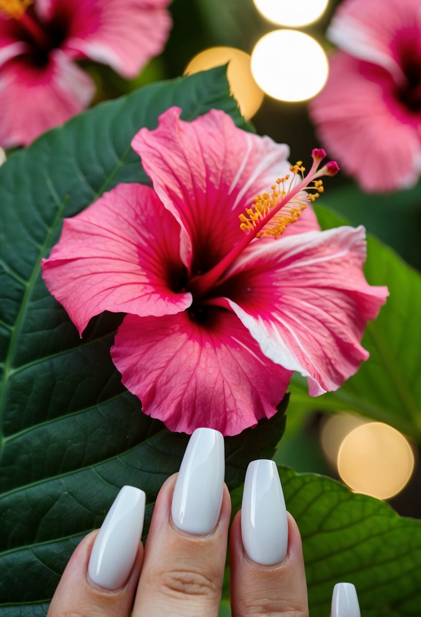 A vibrant pink hibiscus flower with tropical leaves against a French tip nail background, evoking a travel-inspired manicure