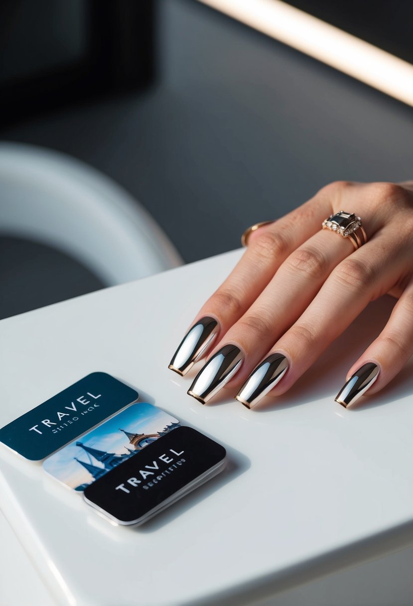 A sleek, metallic edge French tip nail design displayed on a clean, modern surface with accompanying travel-inspired nail art