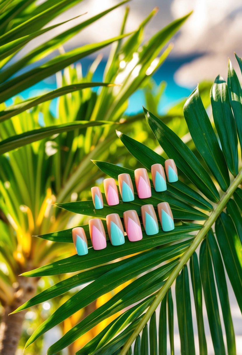 A tropical vacation scene with vibrant palm leaves and 10 French tip travel nails arranged in a relaxed, vacation mood