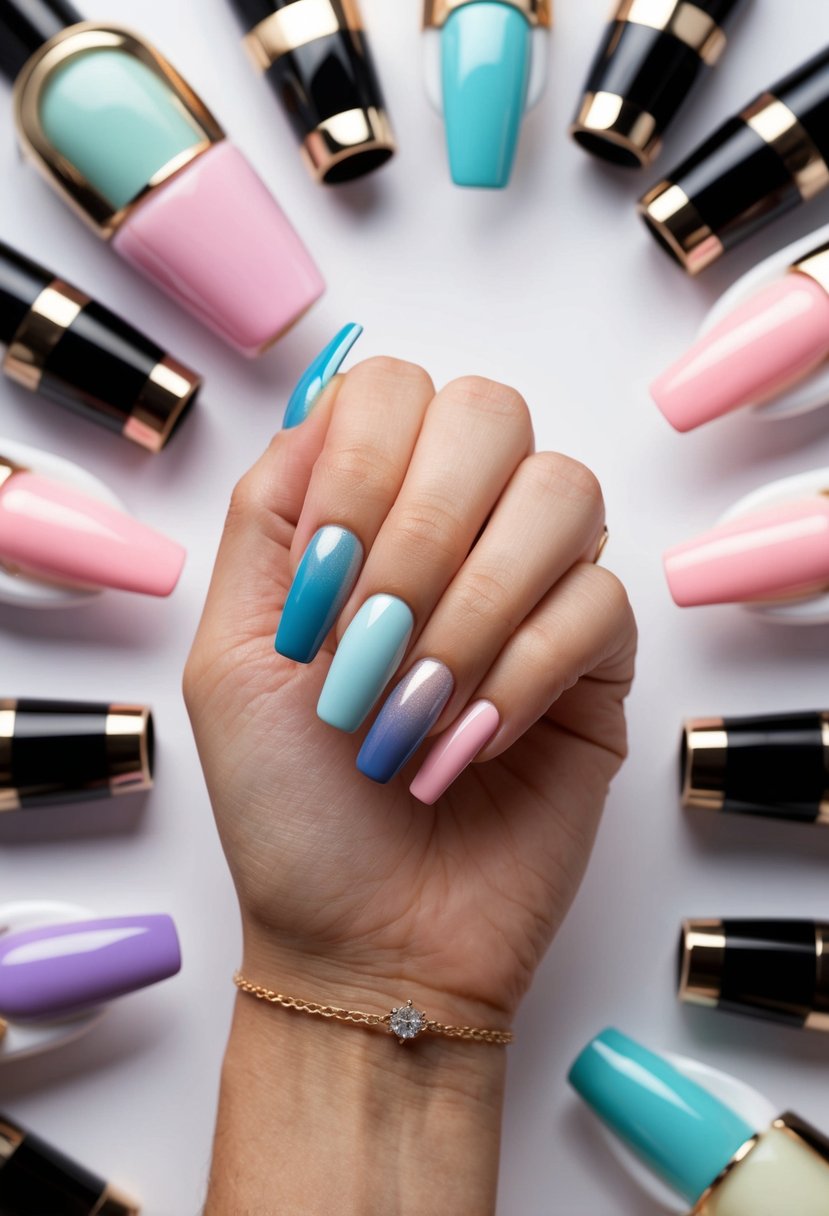 A hand holding 10 travel nails with gradient French tips, surrounded by 50 French tip nails and manicure ideas for 2024