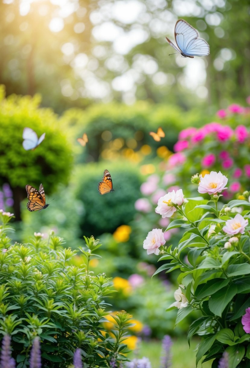 A serene garden with blooming flowers, lush greenery, and delicate butterflies fluttering around
