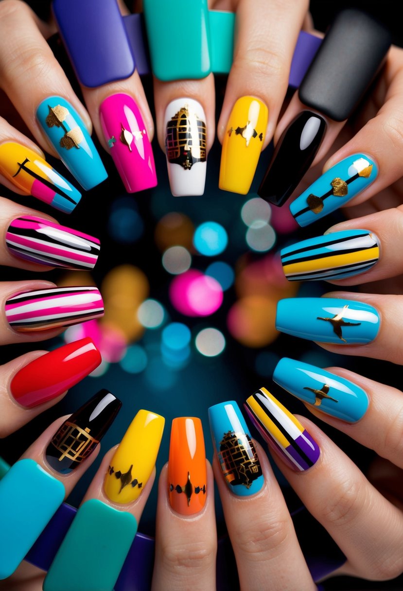 Vibrant French tip nail designs arranged in a travel-themed pattern, with bold and eye-catching colors for a statement look