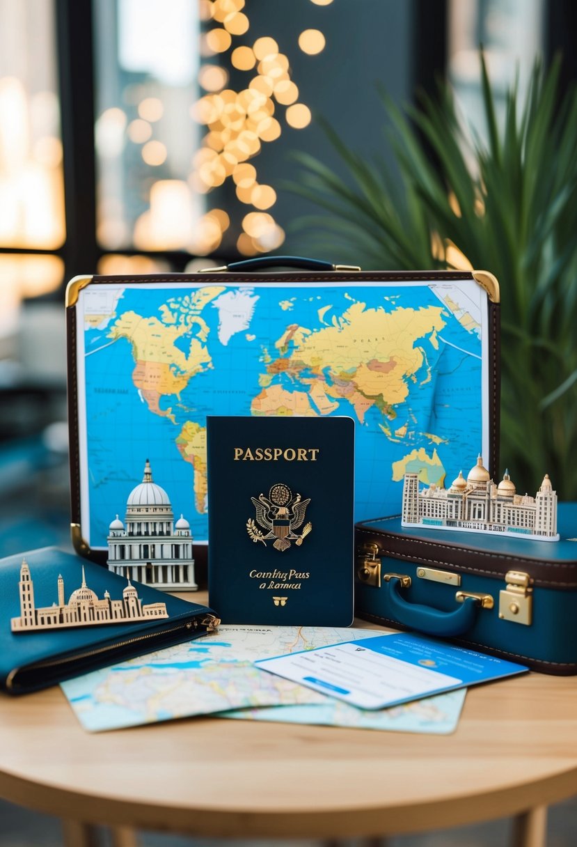 A passport, boarding pass, suitcase, world map, and iconic landmarks arranged on a table for a travel-themed nail art illustration