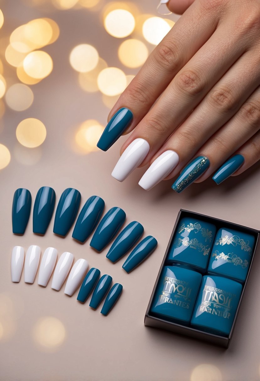 A set of 10 short French tip travel nails arranged next to a collection of 50 French tip nail designs for 2024