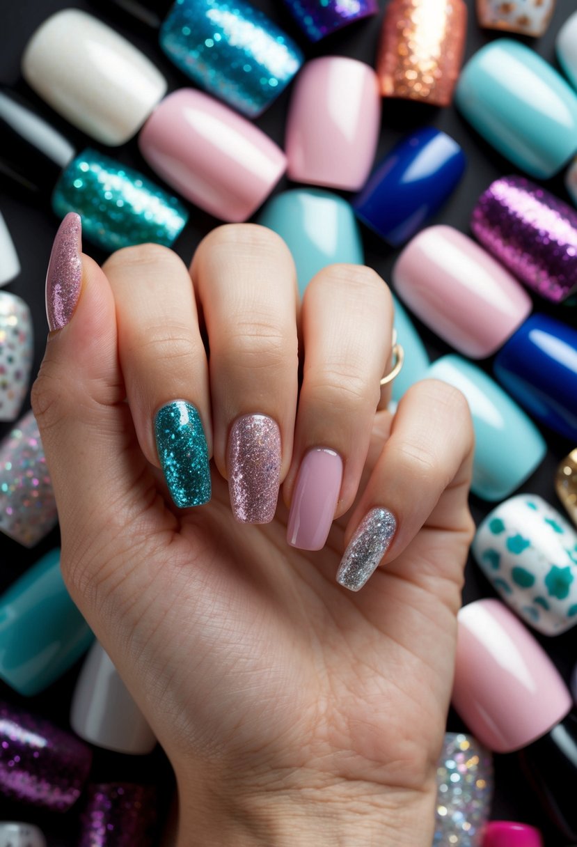 A hand holding 10 glitter French tip nails, surrounded by 50 more French tip nails in various designs and colors