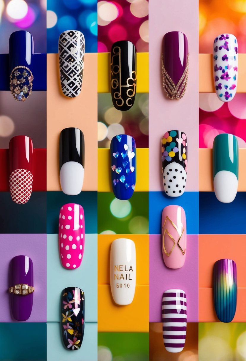 A collection of 50 different French tip nail designs displayed on a colorful background, showcasing various patterns and colors