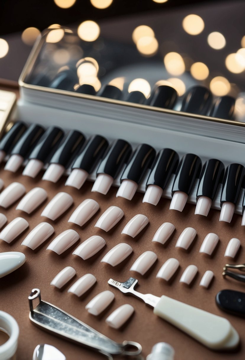 A set of 10 professional French tip travel nails arranged in a neat row, with 50 additional French tip nails and various manicure tools scattered around