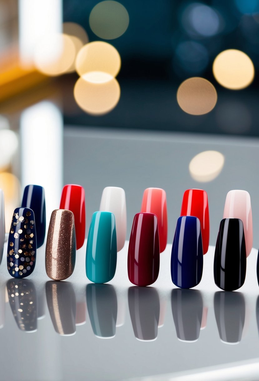 A collection of 50 French tip nails in various colors and designs displayed on a sleek, modern surface