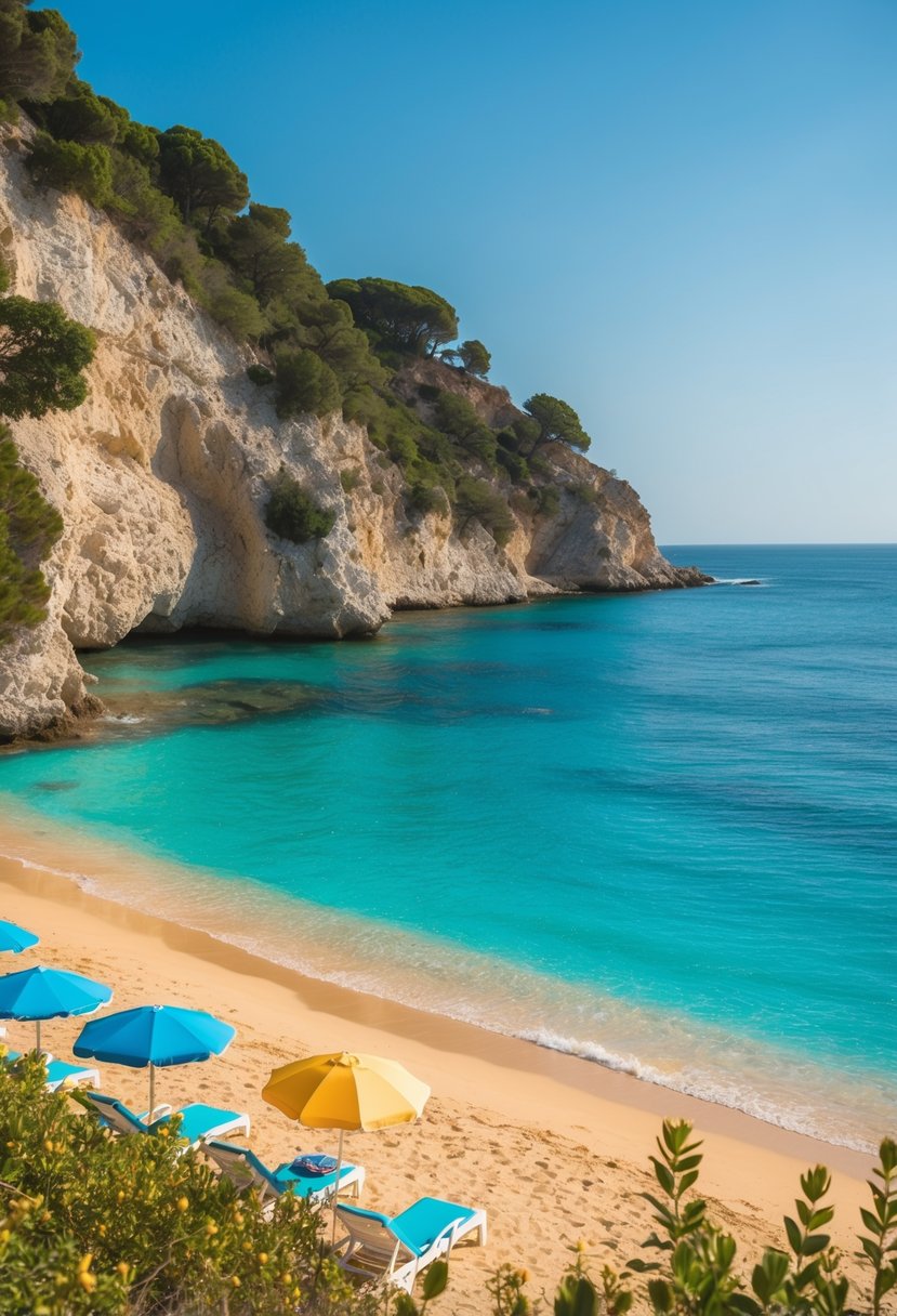 Clear turquoise waters lap gently against golden sandy shores, framed by rugged cliffs and lush greenery. A few colorful umbrellas dot the beach, providing shade for sunbathers enjoying the idyllic setting