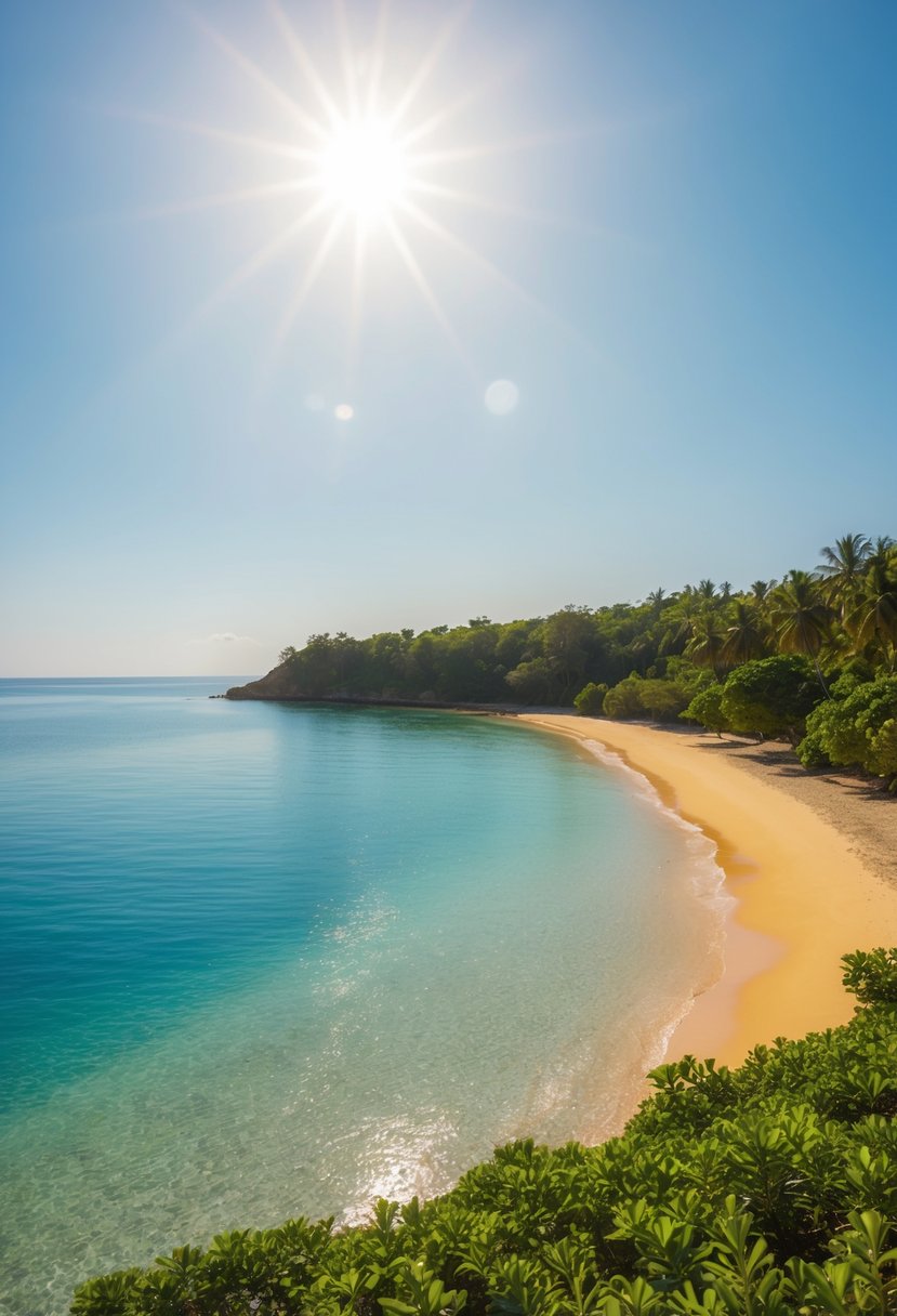A serene beach with clear blue waters, golden sand, and lush greenery along the coastline. The sun shines brightly in the cloudless sky, creating a tranquil and inviting atmosphere