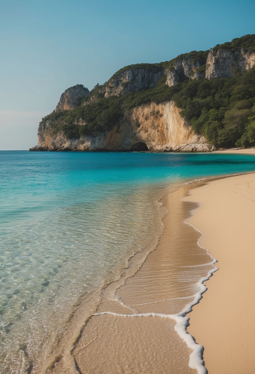A serene beach with crystal clear waters, golden sand, and a backdrop of rugged cliffs and lush greenery