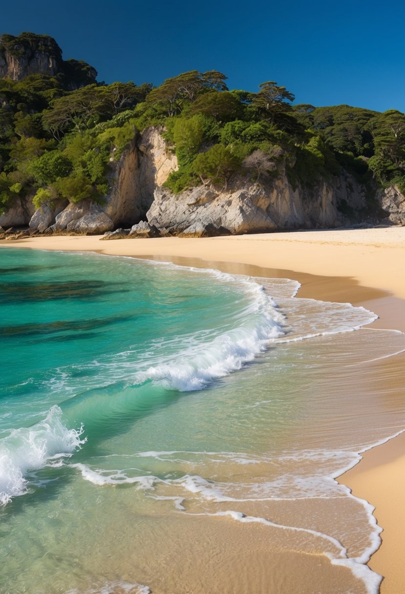 A serene beach with golden sand, crystal clear waters, and a backdrop of lush greenery and rocky cliffs. The sun is shining, and the waves gently lap against the shore