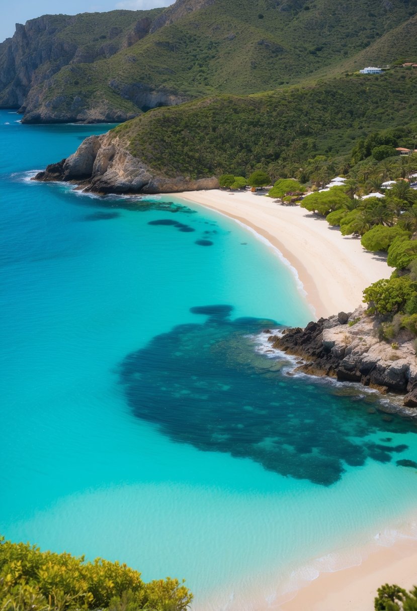 Aerial view of Anthony Quinn Bay, Rhodes. Turquoise waters, rocky coastline, and sandy beach surrounded by lush greenery