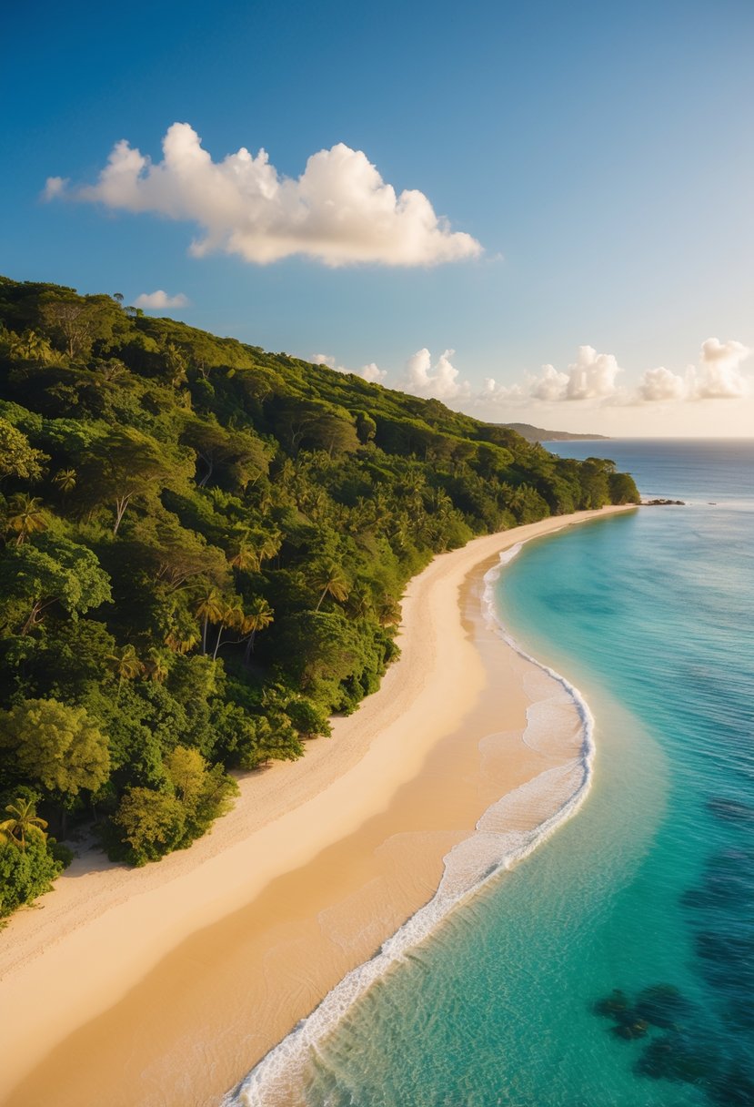 A pristine beach with golden sand, crystal clear waters, and lush greenery along the coastline. The sun shines brightly, casting a warm glow on the tranquil scene