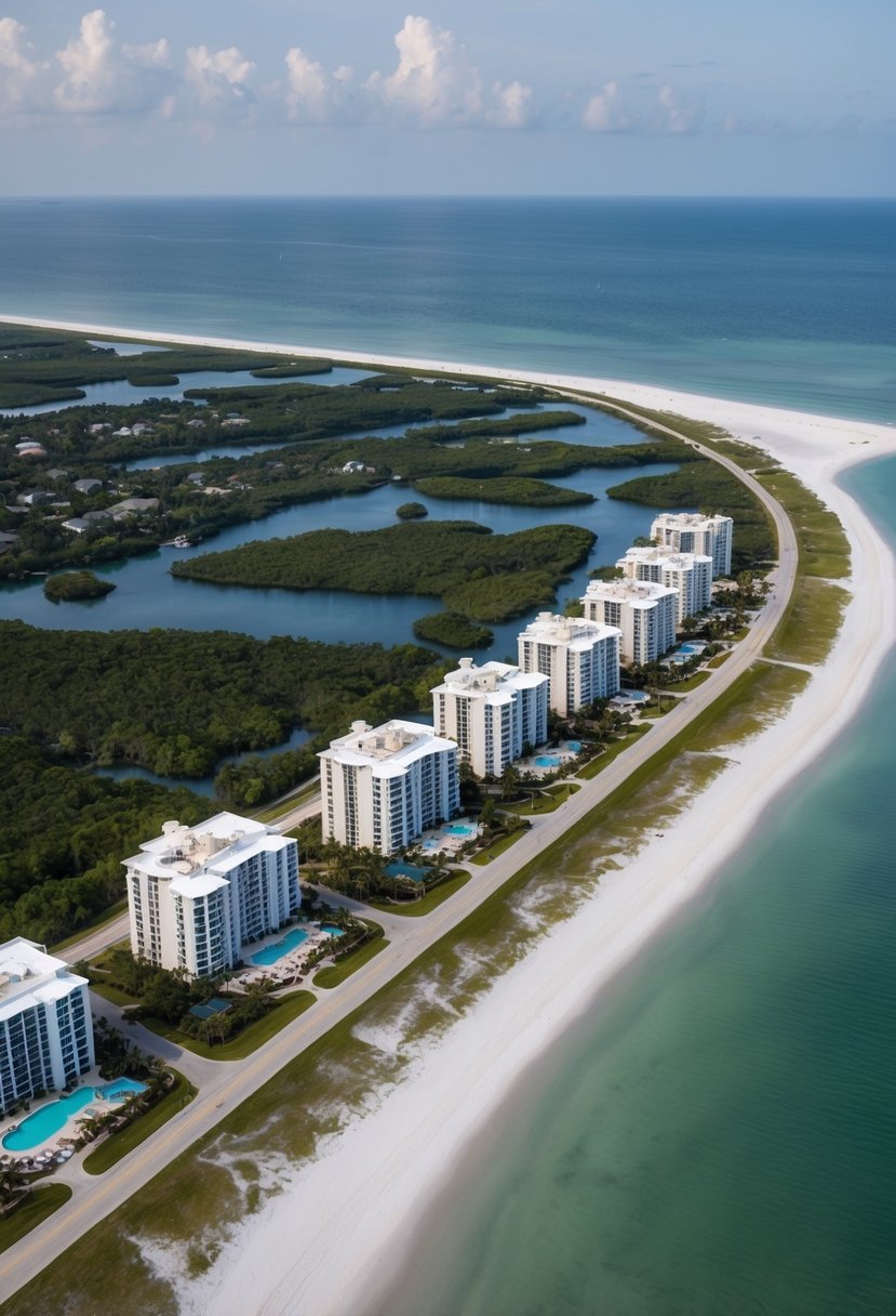 Aerial view of 5 luxury resorts along Highway 30A in Florida, nestled between pristine beaches and lush greenery