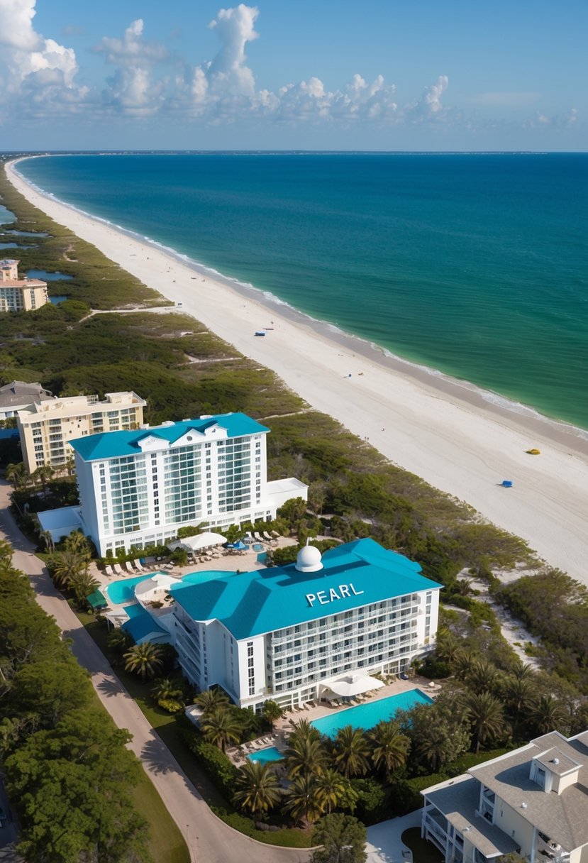 Aerial view of The Pearl Hotel in Rosemary Beach, surrounded by lush greenery and overlooking the pristine beaches of Highway 30A, FL