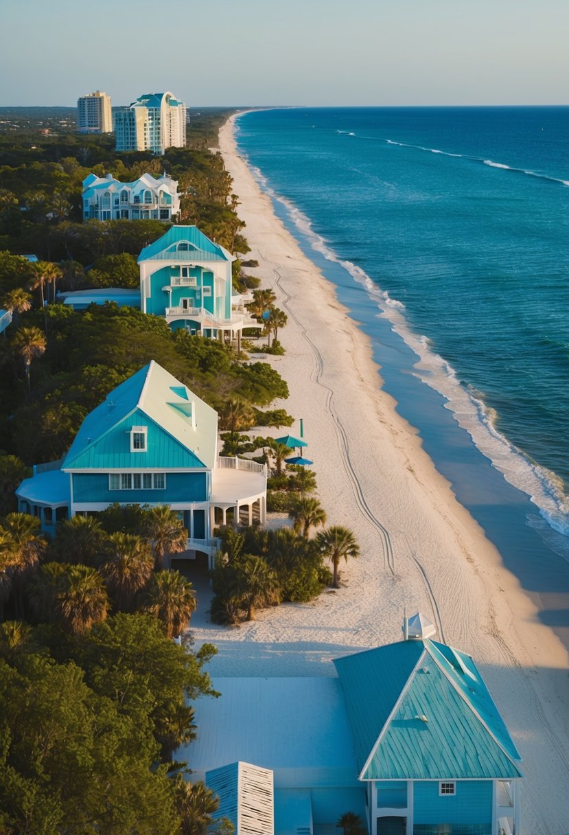 A serene beachfront scene with the WaterColor Inn and other iconic resorts along Highway 30A, FL, surrounded by lush greenery and the sparkling blue ocean