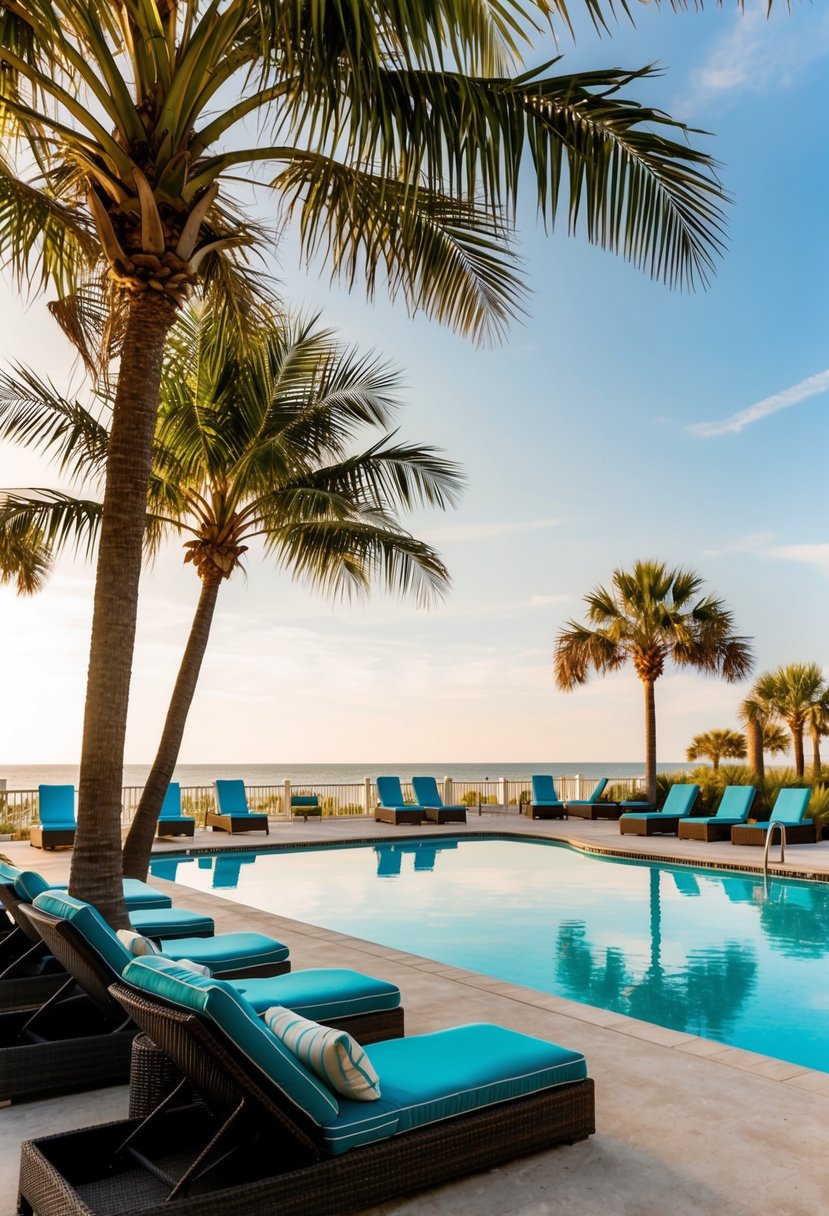 A serene beachfront scene with palm trees, lounge chairs, and a sparkling pool at the Watersound Beach Club, one of the top 5 resorts on Highway 30A in Florida