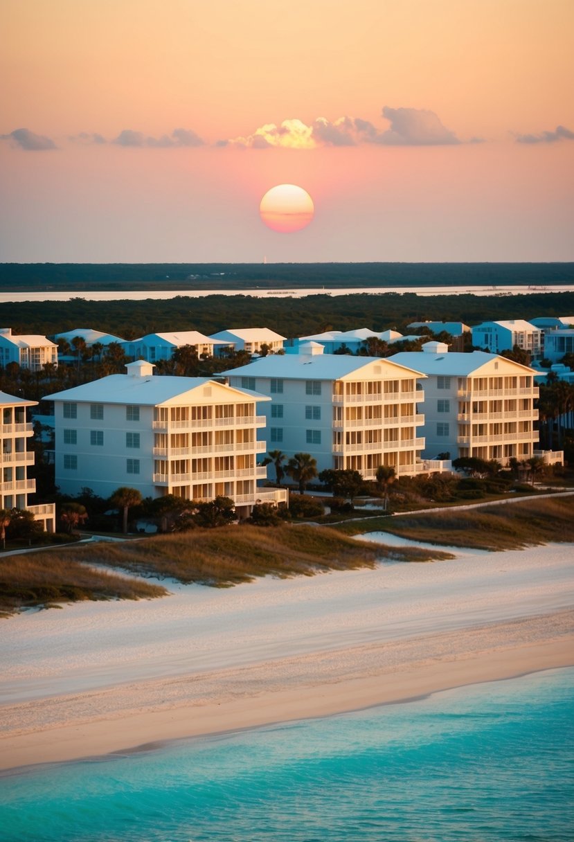 The sun sets over Alys Beach Resort, casting a warm glow on the pristine white buildings and turquoise waters of Highway 30A, FL