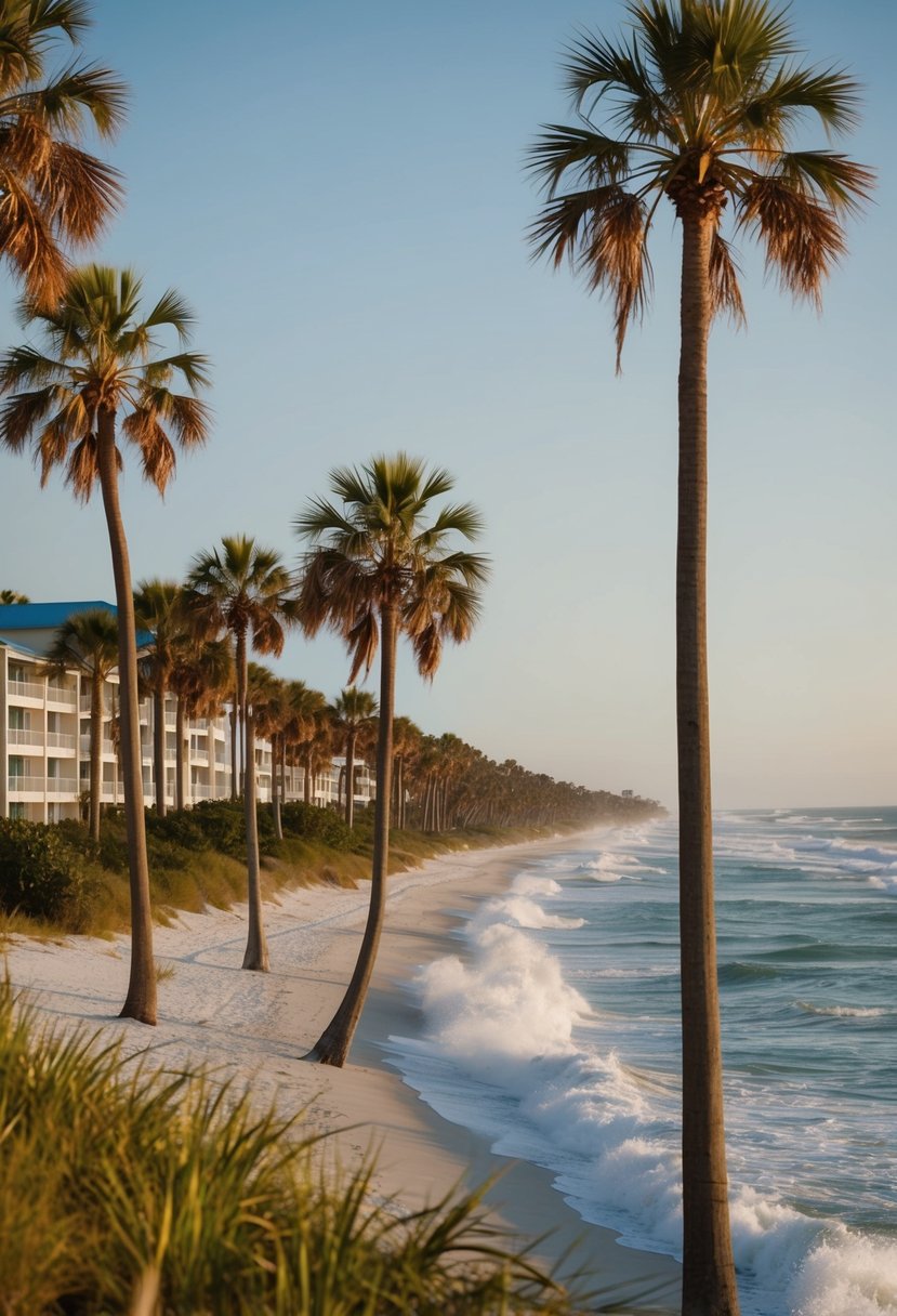 A serene beachfront resort nestled along Highway 30A, FL, with palm trees swaying in the gentle breeze and the sound of waves crashing against the shore