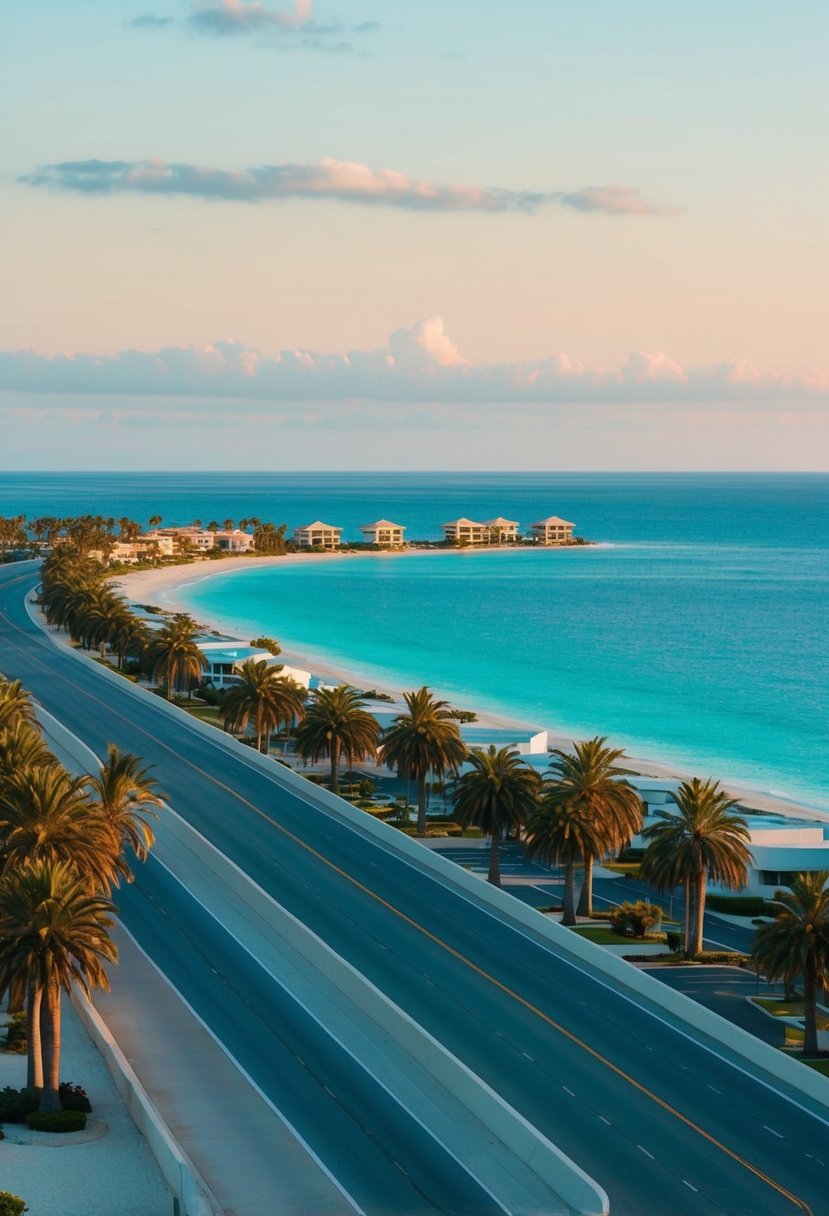 A serene coastal highway with palm-lined resorts and turquoise waters, evoking a sense of relaxation and luxury