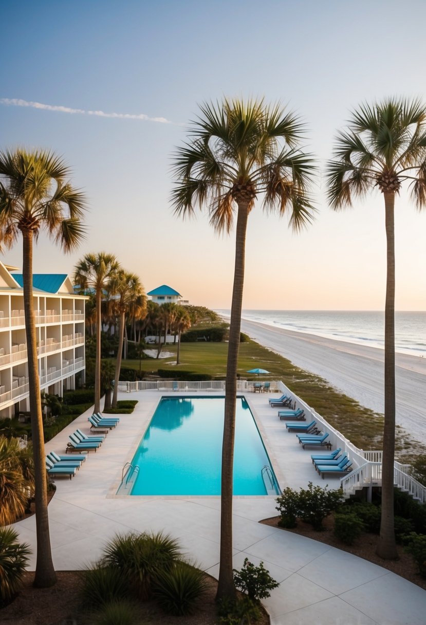 A serene beachfront resort with palm trees, sparkling pool, and luxurious accommodations along the scenic Highway 30A in Florida
