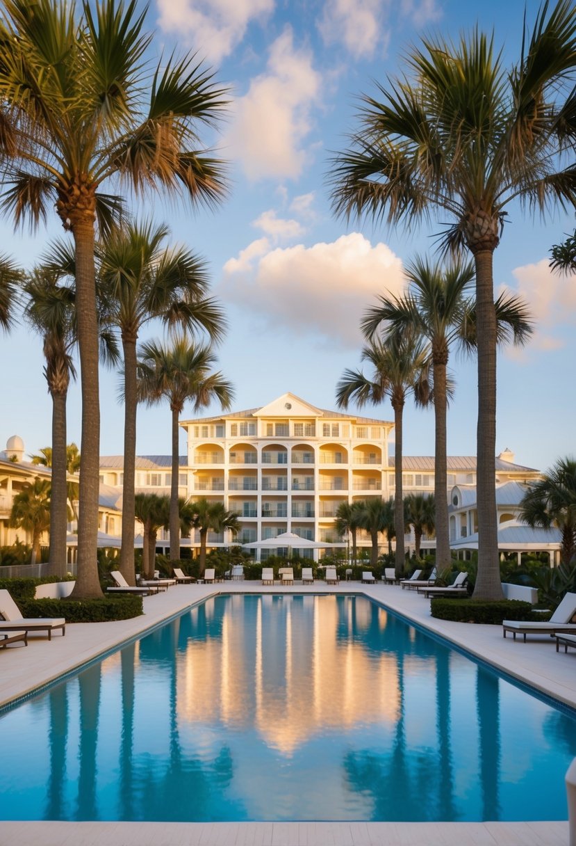 A serene beachfront resort with palm trees, a sparkling pool, and elegant architecture, nestled along the scenic Highway 30A in Florida