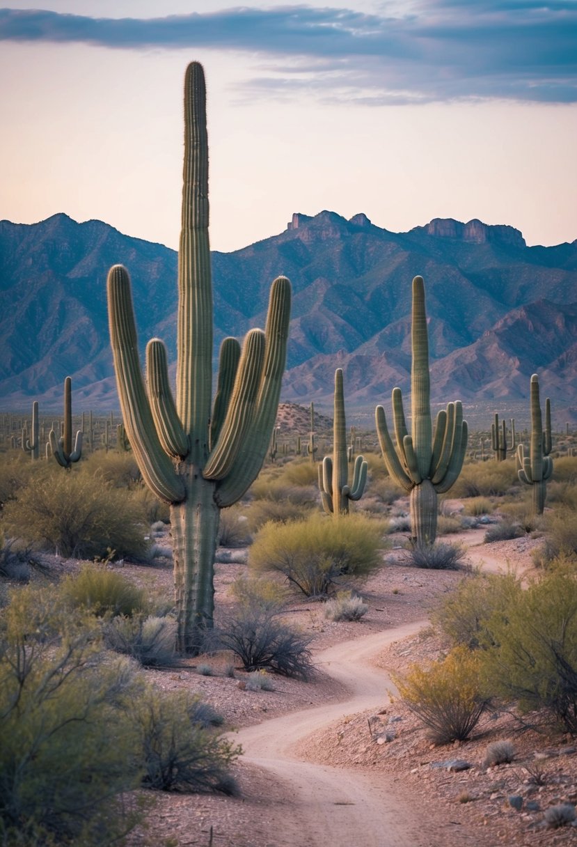 A desert landscape with towering saguaro cacti, winding trails, and rugged mountains in the distance